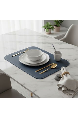 2 Adet Deri Lacivert Çift Taraflı Kenar Dikişli Amerikan Servis 33x44 Cm-kolay Silinebilir Supla