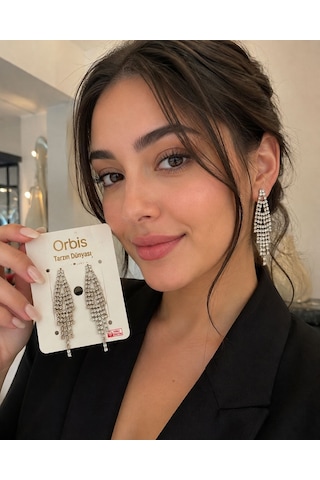 Taşlı Şelale Model Sallantılı Küpe Gümüş