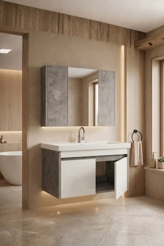 Retro 80 Cm Lavabolu, Aynalı Banyo Dolabı, Retro Gümüş-beyaz, Seramik Lavabo Dahil