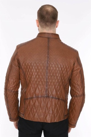 Deriwork Hakiki Kuzu Derisi Baklava Desen Fermuarlı Erkek Deri Ceket Taba Taba