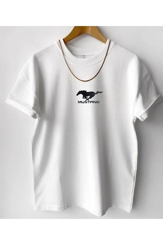 Hırsch Unisex Oversize Beyaz Bisiklet Yaka Mustang Baskılı T-shirt BEYAZ