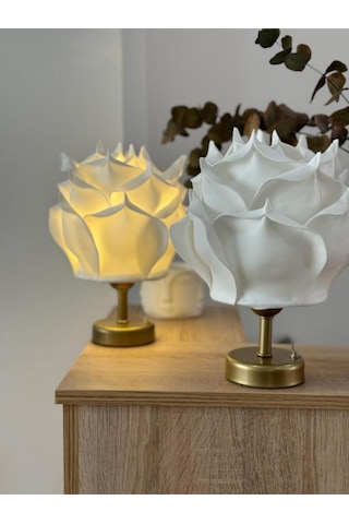 2'li Dekor Yapay Eva Gül Kablosuz Masa Lambası Üst Beyaz-alt Eskitme Gold 9v Kare Pil 2 Adet