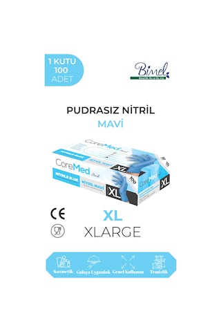 Nitril Mavi Pudrasız Muayene Eldiveni Xl - 1 Paket 100 Lü