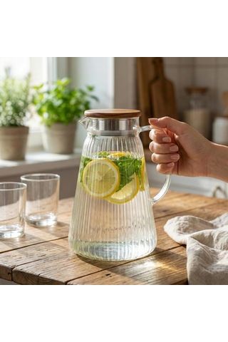 Akasya Kapaklı Borosilikat Cam Sürahi - 4 Farklı Model Ve 1.8 Lt Ve 2 Lt Büyük Boy Seçenekli Isıya Dayanıklı Meşrubat Ve Su Karafı İnce Çizgili Konik 1.8 Litre