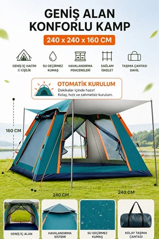 6 Kişilik Tam Otomatik Tenteli Çift Kapılı Kare Kamp Çadırı | 240 x 240 x 160cm | Su Geçirmez