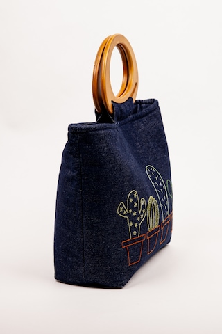 Fabric Craft Bag El Çantası Kot Kumaş Ahşap Saplı Kaktüs Nakışlı İçi Astarlı Mıknatıslı 38x30 Cm Kot Lacivert