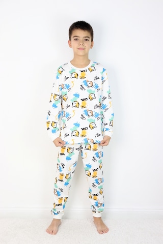 Harika Kids Erkek Çocuk Baskılı İnterlok Kumaş Uzun Kollu Pijama Takımı Beyaz - Mavi