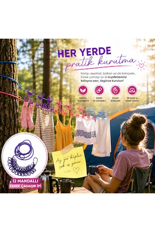 Taşınabilir 180 Cm Kancalı Çamaşır Asma Kurutma İpi 12 Mandallı Halat Klipsli Ayarlanabilir Bahçeler, Kamp Ve Seyahat Için Çok Renkli