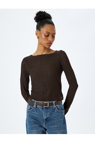 Koton Slim Fit Uzun Kollu Kayık Yaka Dokulu Tişört Kahverengi 5wak50368ek Kahve