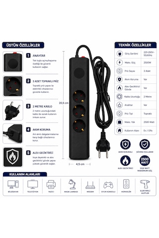Sh-4631 3 Lü Akım Korumalı Priz 2500w 2 Metre Kablolu Anahtarlı Topraklı Çoklu Grup Priz Uzatma Kablosu 2 M