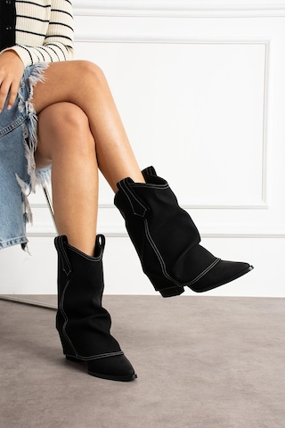 Shoetek Livinya Kadın Kovboy Bot Körüklü Siyah Süet Siyah Suet Siyah