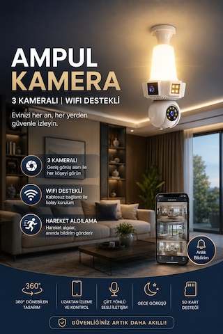 3 Kameralı Duy İle Çalışan 360 Dönebilir Geniş Açı Hareketi Bildiren Ampul Kamera