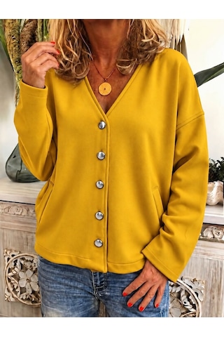 Butik İstanbul Kadın Düğme Detaylı V Yaka Oversize Camel Ceket / Hırka Hardal Sarısı