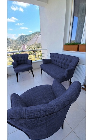 Azra Mobilya Çay Seti Koltuk Takımı - Keten Kumaş-ahsap - Ofis Koltuğu-balkon Koltuğu - Mavi Mavi