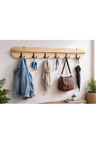 105 Cm 6 Kancalı Oval Kesim Ahsap Renk Duvara Monte Askılık Bal Meşe