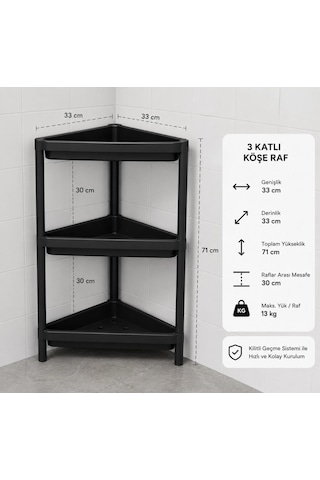 Siyah 3 Katlı 33x33x71 Boyutunda Üçgen Köşe Banyo Rafı & Çok Amaçlı Düzenleyici Çok Renkli