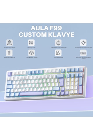 Aula F99 Mekanik Rgb Graywood V4 Switch 3 Modlu Kablosuz Makrolu Hot Swap Türkçe Q Klavye Mavi