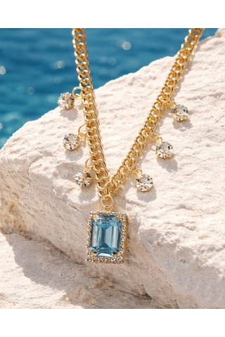 Baget Model Zirkon Taşlı Gold Turkuaz Renkli Çelik Kolye