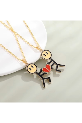 Mıknatıslı Çöp Adam Aşk Sevgili İkili Kolye Matal Çift 2 Adet Çok Renkli