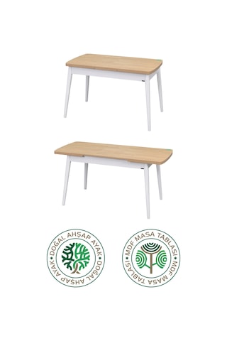 Vilinze Avanos Ahşap Açılır Kapanır Mdf Mutfak Masası - 70x120+30 Cm Naturel Beyaz