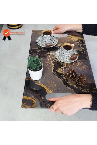 Decorita Cam Tepsi Kahverengi Simli Mermer 29Cm X 52Cm