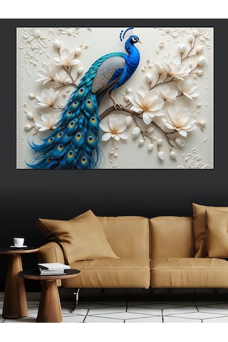 Beyaz Tavus Kuşu Kabartması Dekoratif Kanvas - Mdf Ahşap Tablo