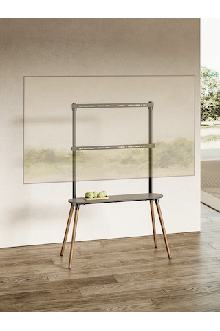 Raflı Şövalye Tipi Tv Standı 49-86 Inç Ahşap & Metal 50 Kg Taşıma Kapasiteli Yükseklik Ayarlı Ceviz