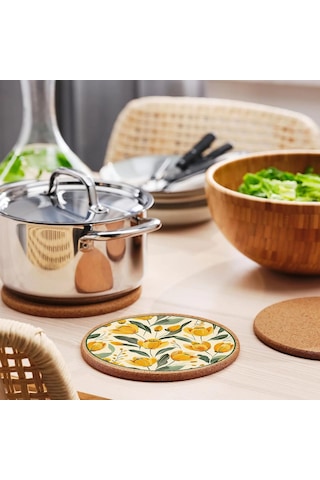 Lexroo Sarı Çiçek Desenli Mantar Nihale Tencere Tava Altlığı 19cm Çapında 1cm Kalınlığında