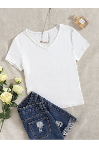 V Yaka Beyaz Renk Fitilli Kısa Kollu Slim Fit Crop Top Bluz