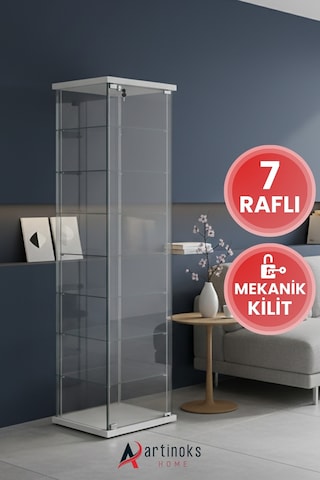 7 Raflı Kilitli, Cam Vitrin, Camlı Dolap, Gümüşlük, Koleksiyon, Sergi Kitaplık Kapaklı Büfe Mutfak Raflı Detolf Beyaz -