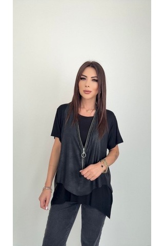 Gülsüm Aydın Kadın Kısa Kollu Yuvarlak Yaka Viskon Bluz + Kolsuz Fermuarlı Çatlak Deri Yelek Siyah