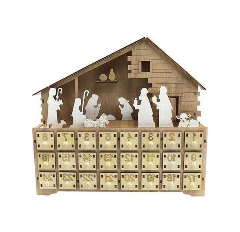 Fortunelane Noel Işıklı Ahşap Takvim: İsa Sahneli Çekmeceli Dekoratif Yılbaşı Geri Sayım Ürünü Farklı Renkli Çok Renkli