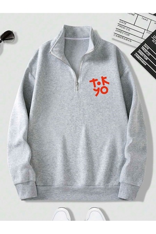 Harmandar Gri Erkek Tokyo Baskılı Dik Yaka Yarım Fermuarlı Kazak Sweatshirt Tokyogridikyaka