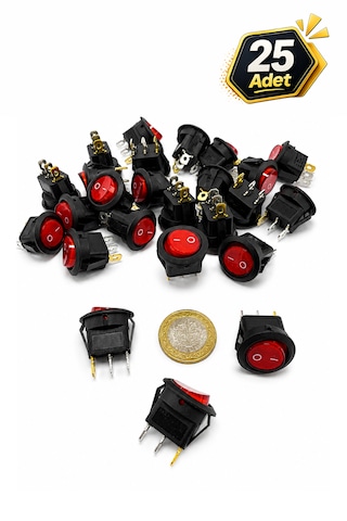 Yuvarlak Anahtar Işıklı Kırmızı 3 Pin 23 Mm 25 Adet Aç Kapa On-off - Switch Buton 6a/250vac 10a/125/250vac