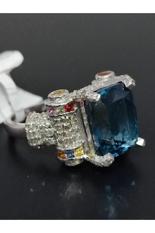 925 Gümüş Mavi Topaz Elmas Tasarım Yüzük 308