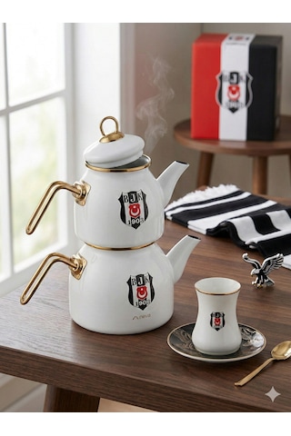 Beşiktaş Lisanslı Arma Logo Çaydanlık Beyaz - Siyah