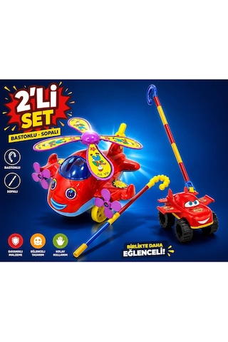 Hayu Uçak Helikopter Jeep Kanatlı Araba Baston Saplı Sopalı Itmeli Oyuncak 23 Cm 2'li Set