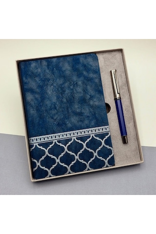 Çalışma Masası Yöneticiye Hediye Yazı Kalemi Mavi Termo Deri Defter Ve Metal Roller Kalem Seti