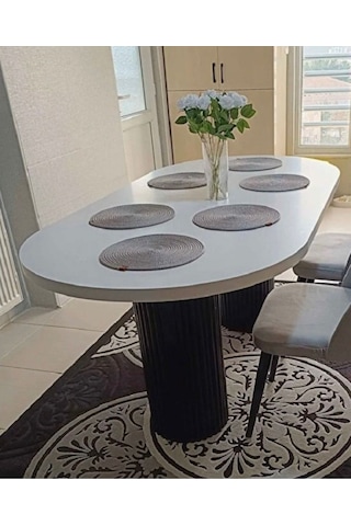 Ada 180x90x75cm 36mm Kalın Kenarlı Oval Beyaz Sütunlu Yemek Masası Sandalye Yok Sadece Masadır Beyaz-siyah