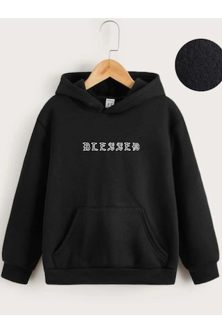 Moda Assema Çocuk Unisex Kapüşonlu Ön Ve Arka Blessed Baskılı Sweatshirt - Siyah Çok Renkli