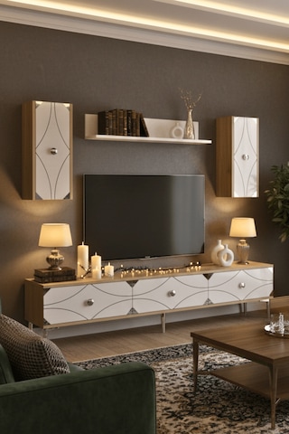 Tvr1897dbs - Alfa Tvr180 Tv Ünitesi Takım , Tv Sehpası Safirmeşe - Beyaz - Sılver 180cm