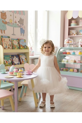 Ayışığı Kız Çocuk Tüllü Beyaz Abiye Elbise Volanlı Etek Prenses Model Abiye Elbise Taç Hediyeli 1-5 Yaş Beyaz