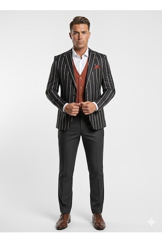 Erkek Çizgili Takım Elbise 3 Lü Set Ceket + Yelek + Pantolon Slim Fit İtalyan Tarz Siyah