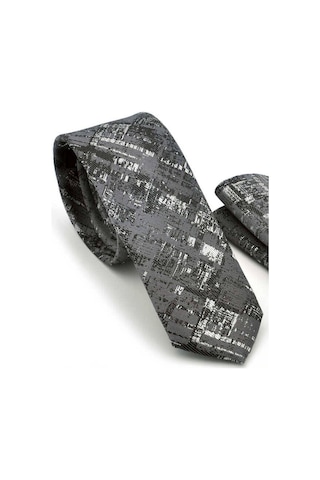 Gaffy Siyah Beyaz Motif Desenli Gri Dokuma Kumaş Mendilli Slim Fit Krav Siyah