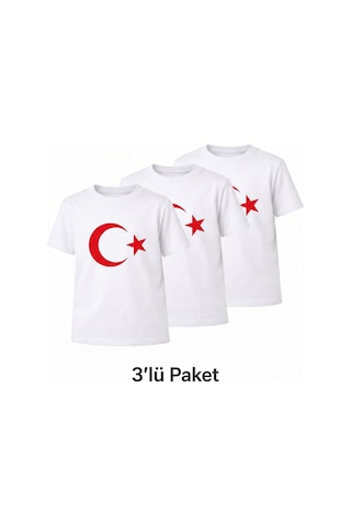 Parti Selesi Unisex 3 Adet Çocuk Bayrak Baskılı Kısa Kollu T-shirt Beyaz