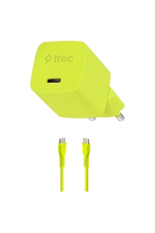 Ttec Smartcharger Gan 45W Avs PD Seyahat Hızlı Şarj Aleti + USB-C - USB-C 3A 120 CM Kablo Neon Sarı