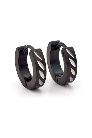 Damla Çentik Desenli Siyah Halka Kadın Erkek Çelik Küpe E940