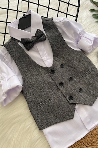 Yelekli Papyonlu Katyonik Erkek Çocuk Takım Elbise Gri