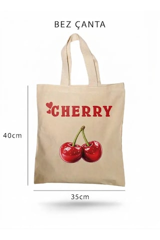 Lunora Collection Cherry Kiraz Baskılı Bez Çanta Açık Krem