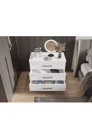 Şifonyer Üç Çekmeceli Aynalı Parlak Beyaz Beyaz